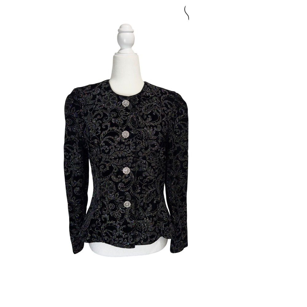 Nah Nah Petite Vintage Black Velvet Evening Blazer Glitter Paisley Peplum